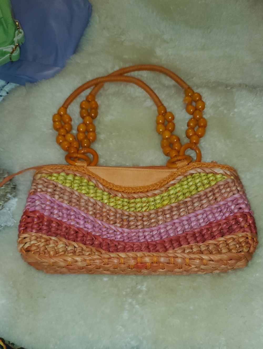 Woven Vintage Multicolor Straw Tote Bag with Orange Beaded Handles With Zipper